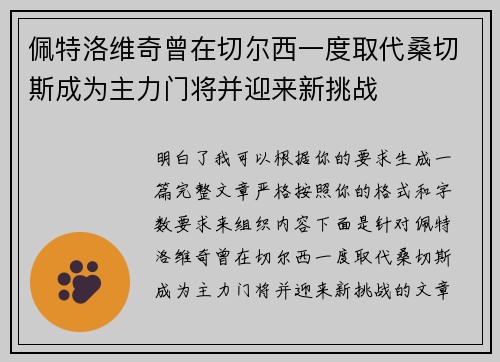 佩特洛维奇曾在切尔西一度取代桑切斯成为主力门将并迎来新挑战 佩特洛维奇曾在切尔西一度取代桑切斯成为主力门将并迎来新挑战